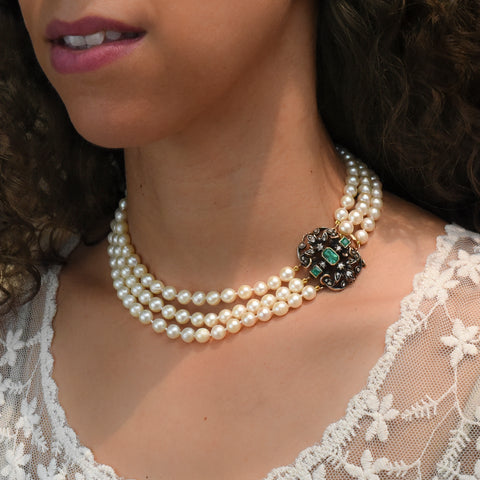 Georgian Emerald & Diamond Clasped Pearl Necklace