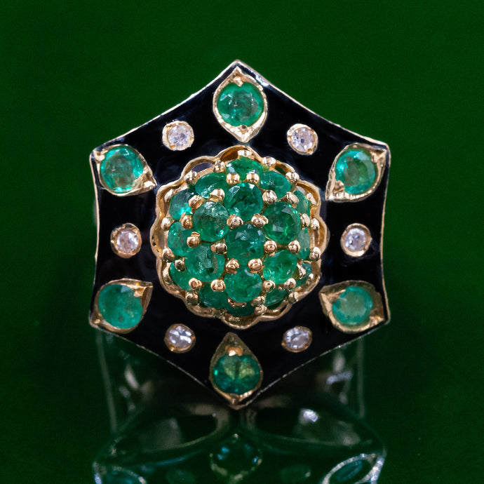 Emerald & Black Enamel Cocktail Ring