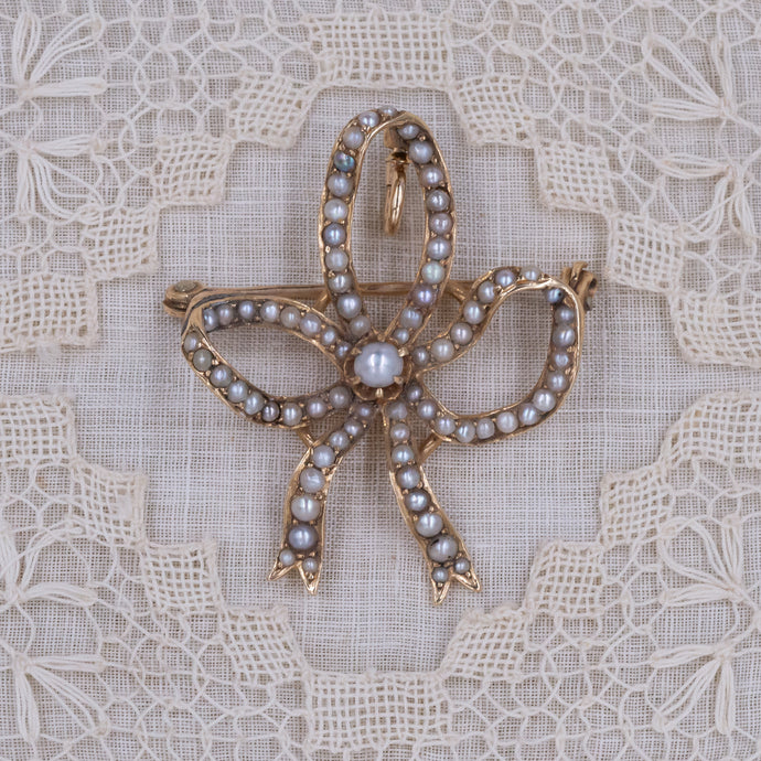 Antique Seed Pearl Bow Pin-Pendant c1910