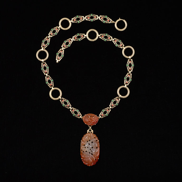Art Deco Carved Carnelian & Enameled Gold Necklace