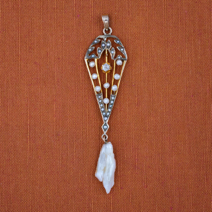 Long Pearl & Diamond Lavaliere c1890