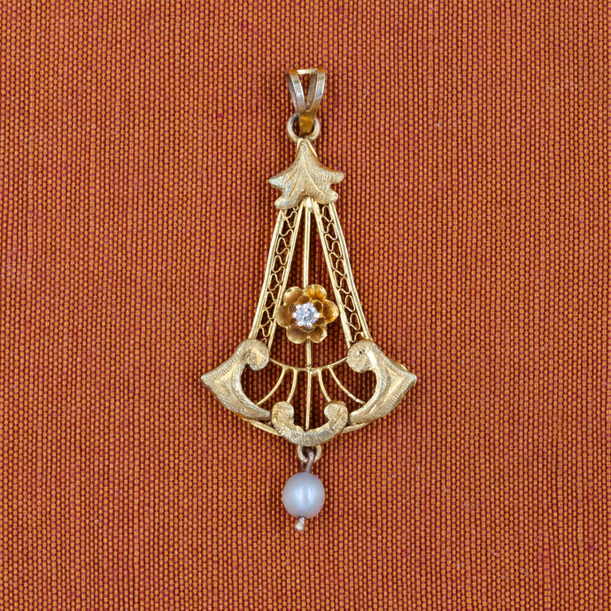 Pearl & Diamond Etched Gold Lavaliere c1890