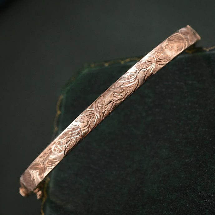 Gold Bangle with Carved Leaves c1970