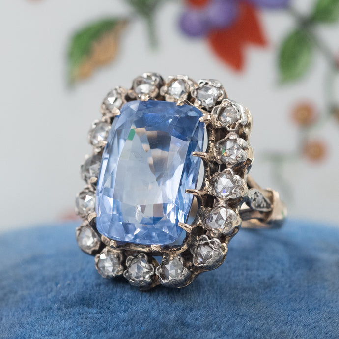 16.44 Carat Ceylon Sapphire & Rose-Cut Diamond Ring
