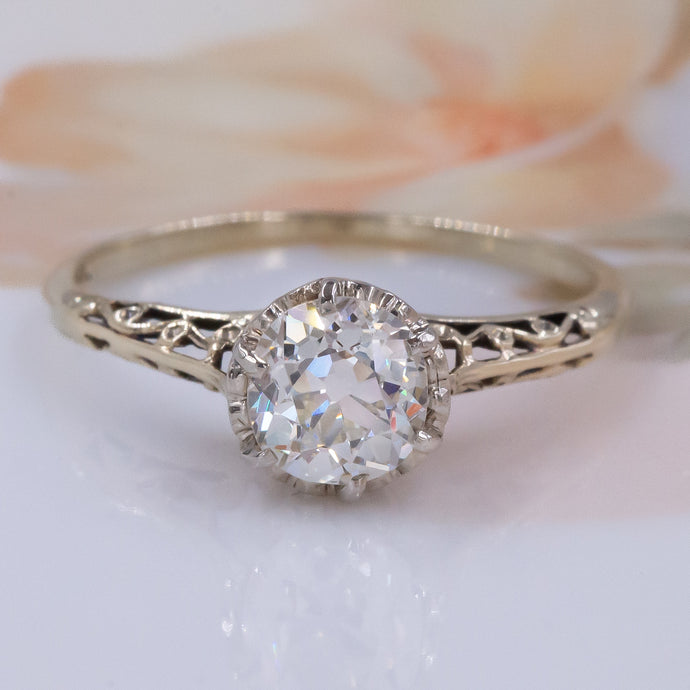 Old European Diamond Gold Filigree Solitaire c1910