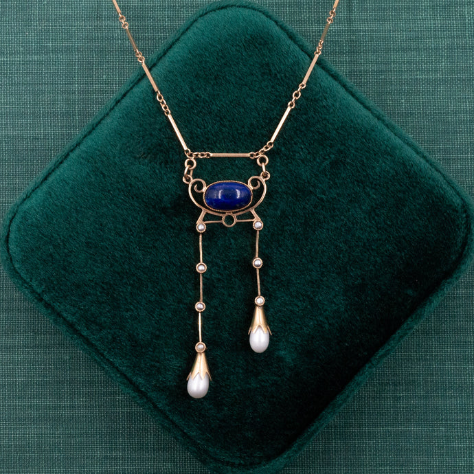 Imperial Lapis & Pearl Lavaliere c1910