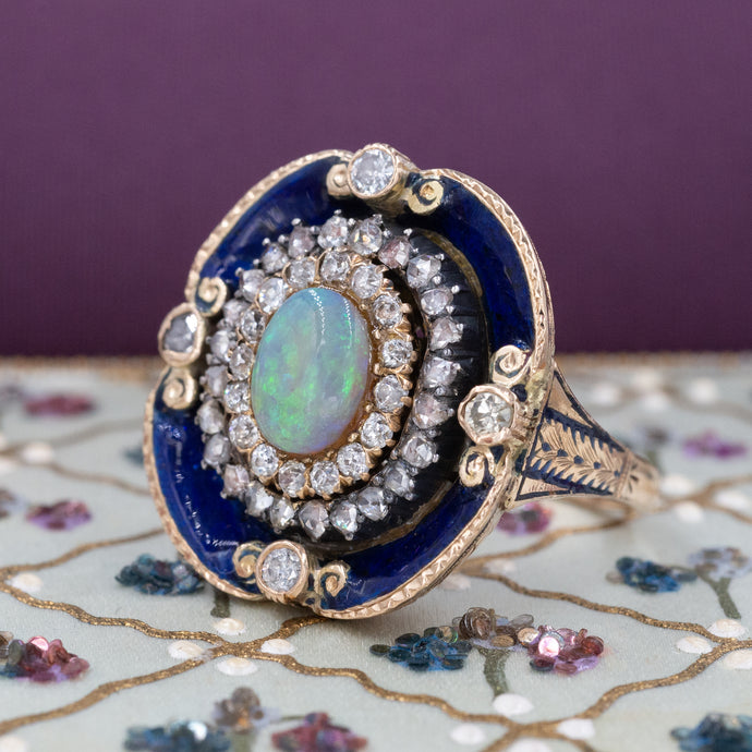 Portuguese Cobalt Blue Enamel & Opal Ring
