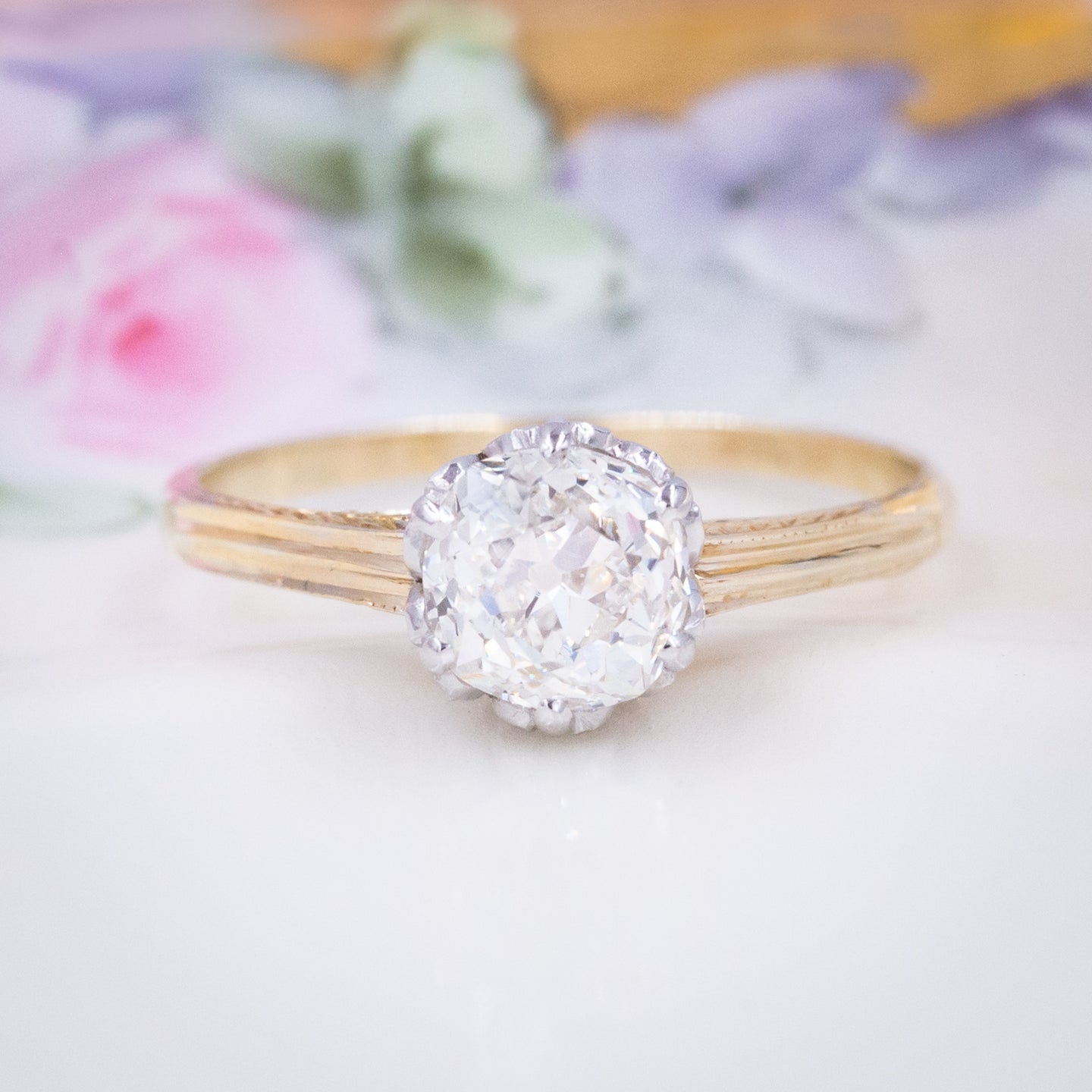 3 3/8 ctw Round Lab Grown Diamond Old Mine Cut Engagement Ring with  Baguette Side Stones - Grownbrilliance