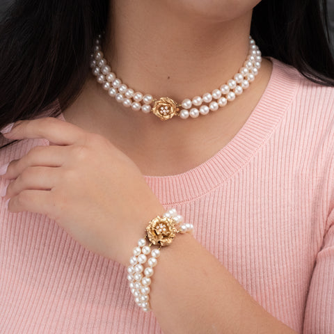 Triple Strand Pearl Bracelet With Rose Diamond Clasp