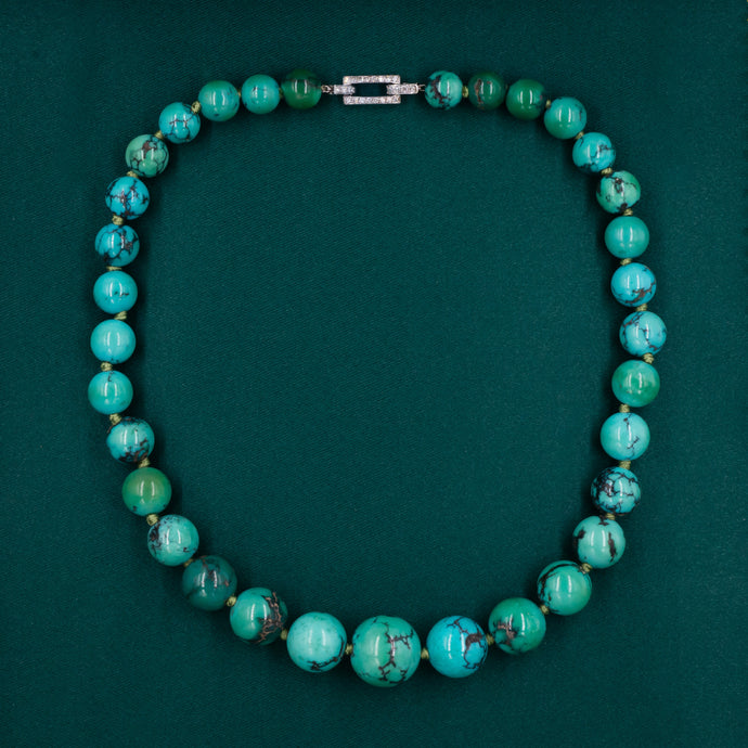 Midcentury Turquoise Bead Necklace with Diamond Clasp