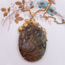 Carved Moss Agate Pond Scene Pendant c1970