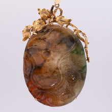 Carved Moss Agate Pond Scene Pendant c1970