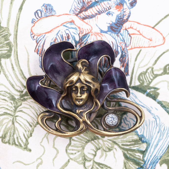 Art Nouveau Enamel Lady Brooch c1890