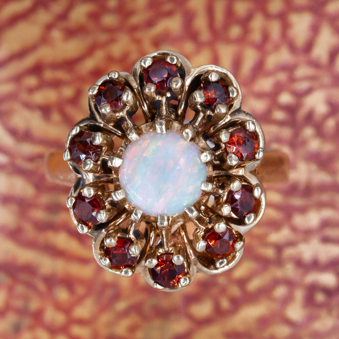 Opal and Garnet Halo Ring c1960