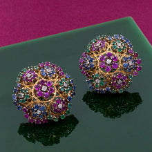 Multi-Gem Floral Cluster Button Earrings c1940
