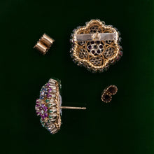 Multi-Gem Floral Cluster Button Earrings c1940