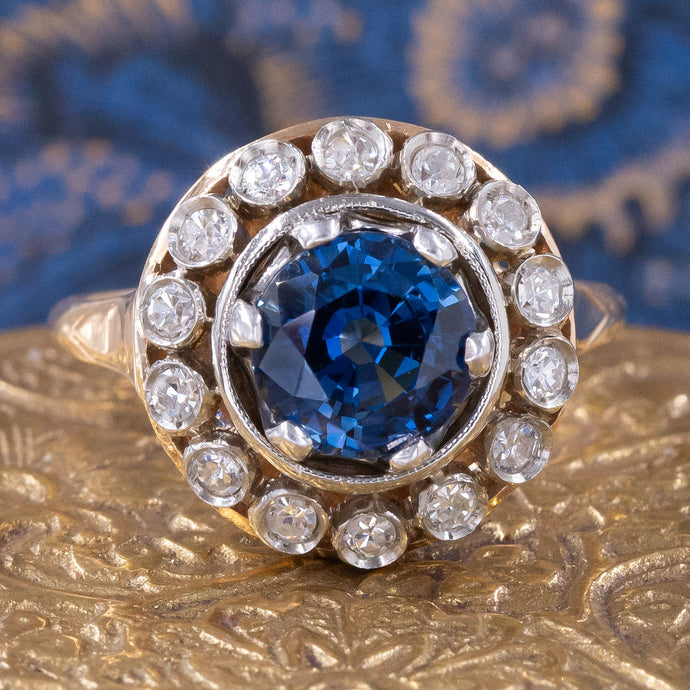 Untreated Burmese Sapphire and Diamond Halo Ring c1930