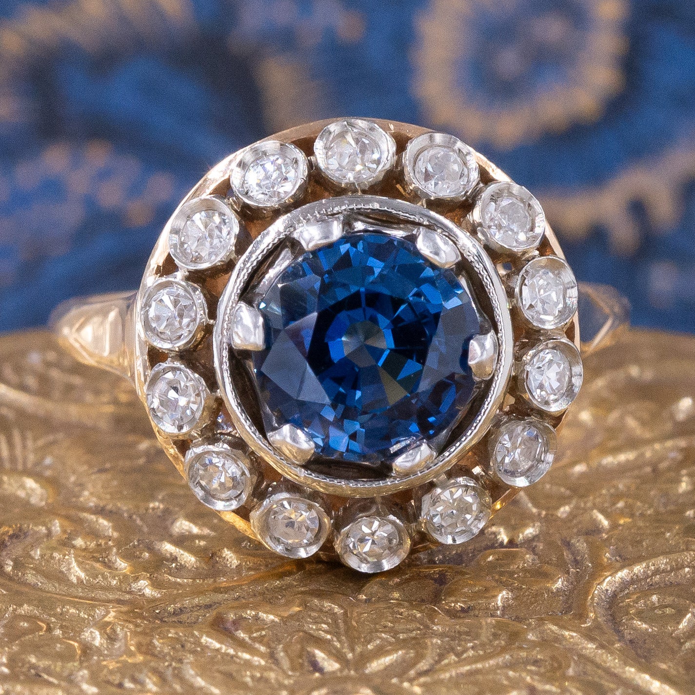 Ceylon Sapphire and Diamond Halo Ring c1930