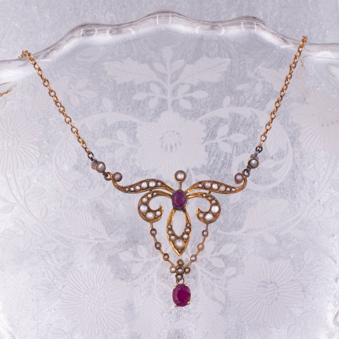 Ruby & Natural Pearl Lavaliere Necklace c1890