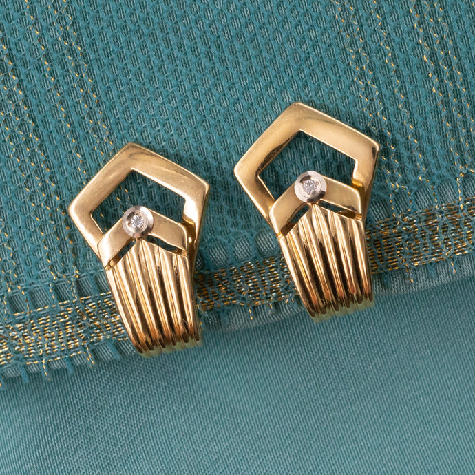 Gold Buckle Earrings With Tiny Diamonds