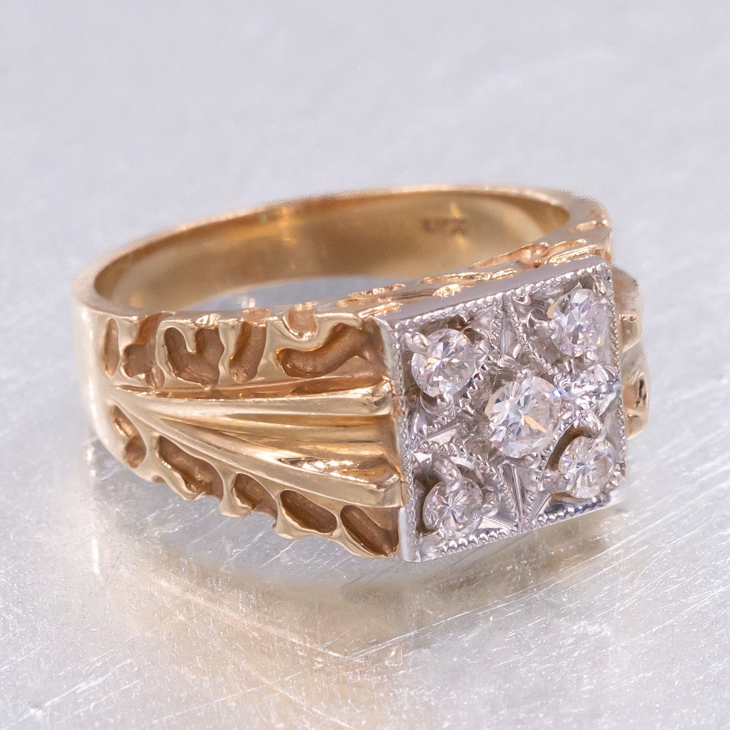 Gent's Carved Gold and Diamond Ring c1970