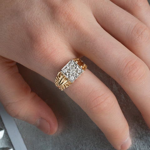 Gent's Carved Gold and Diamond Ring c1970