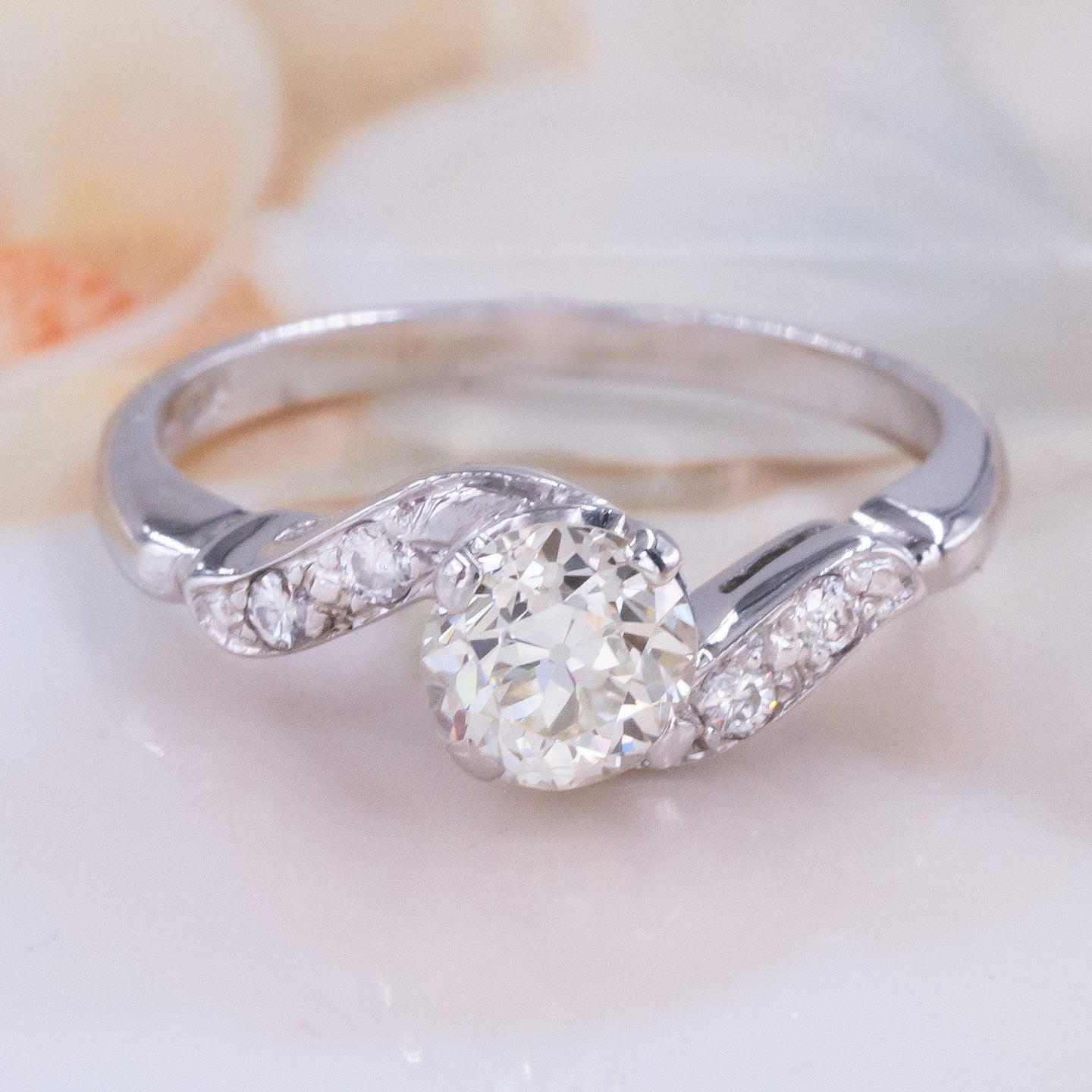 Antique Recut Diamond Solitaire Wave Ring c1950