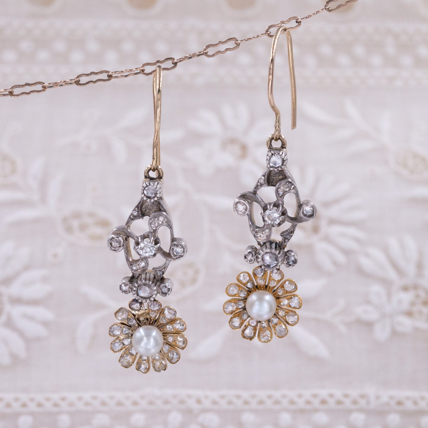 Antique Natural Pearl & Diamond Daisy Drop Earrings