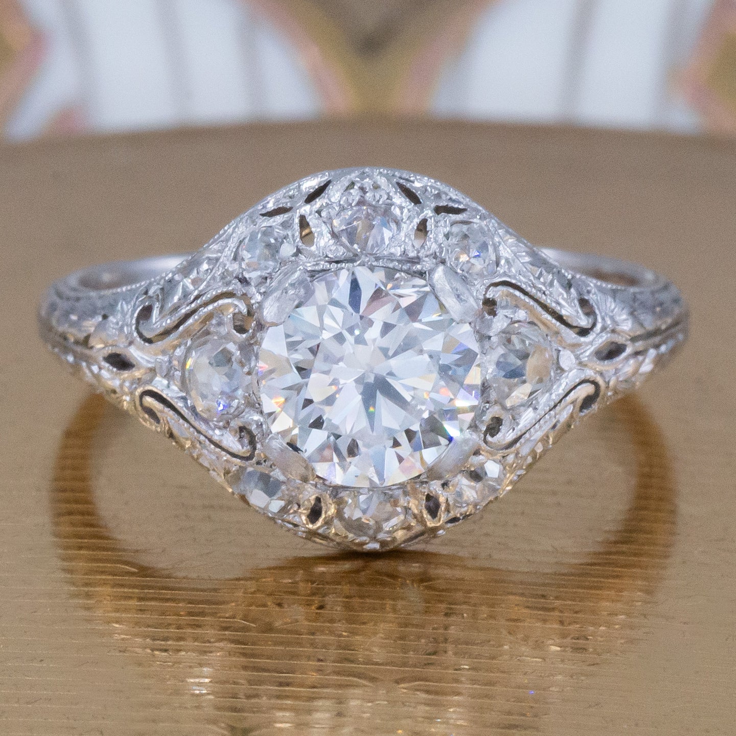 Edwardian Carved Platinum Ring c1910