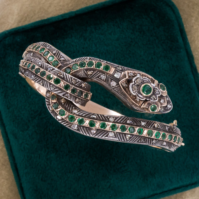 Georgian Revival Diamond & Emerald Snake Bangle