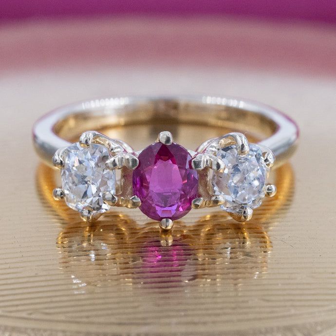Ruby & Old Mine Diamond Three Stone Ring