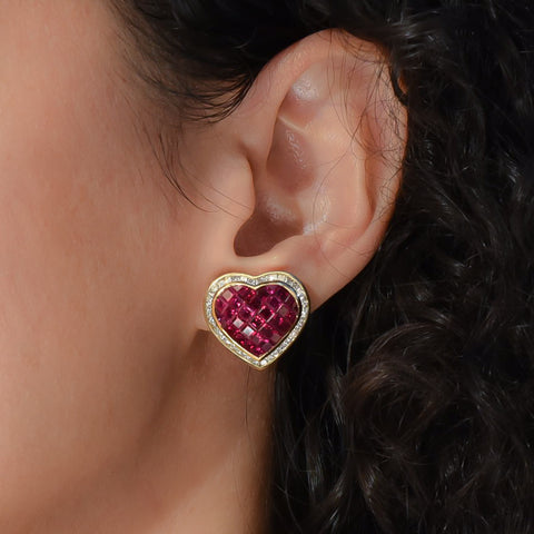 Invisible-Set Ruby Heart Earrings c1980