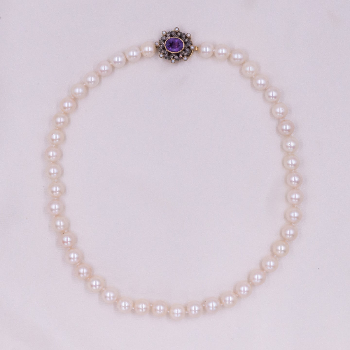 Pearl Necklace with Amethyst Clasp c1930