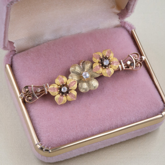 Antique Floral Tri-Tone Gold Bar Pin c1880