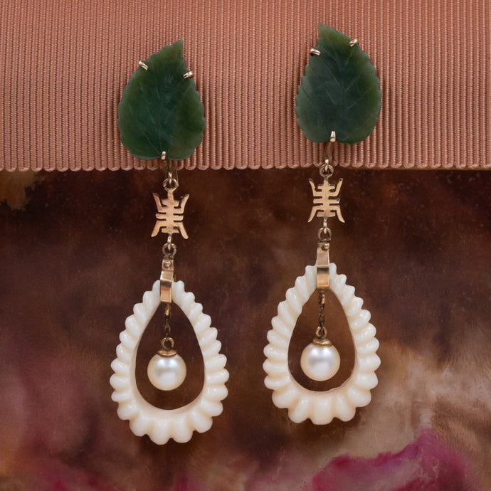 Jade, Bone & Pearl Longevity Earrings c1950