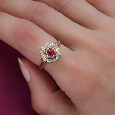 Burma Ruby and Diamond Halo Ring