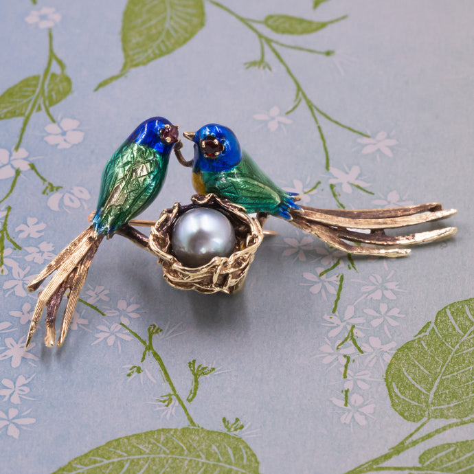 Lovebird's Nest Enamel Brooch c1940