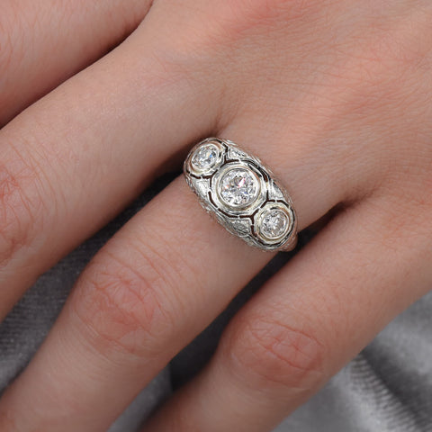 Art Deco Filigree Three Diamond Ring