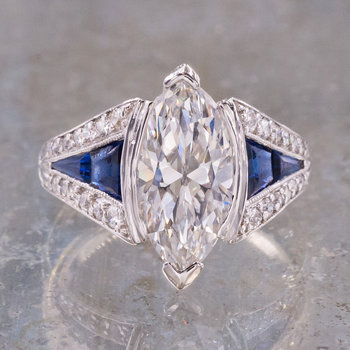 Art Deco Marquise-Cut Diamond & Sapphire Ring