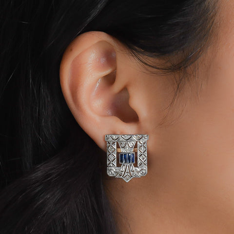 Art Deco Sapphire & Diamond Shield Earrings