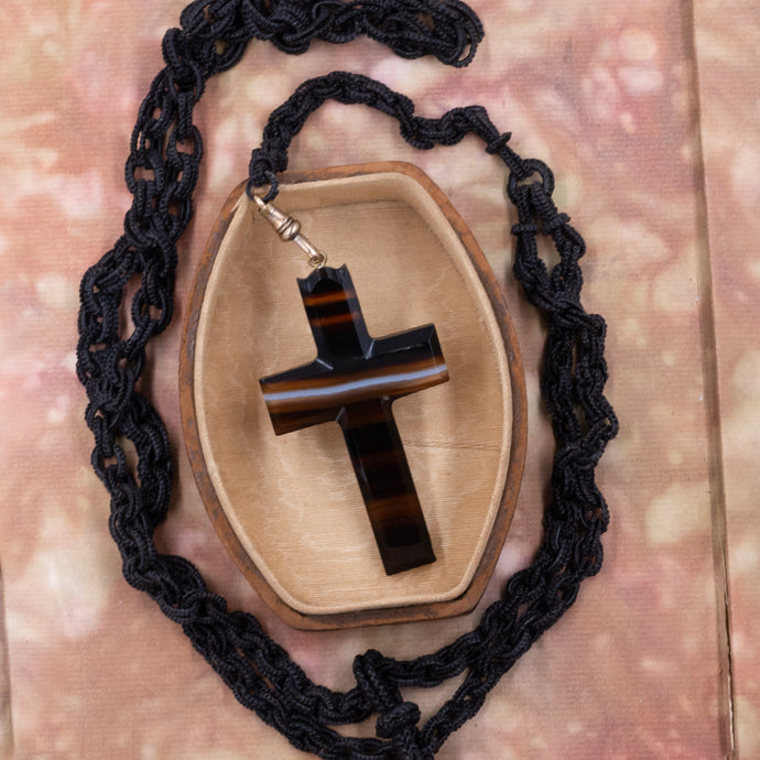 Victorian Elephant Hair Chain with Agate Cross