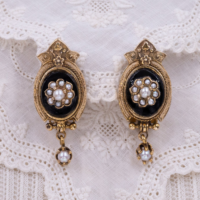 Victorian Revival Pearl & Onyx Earrings c1930