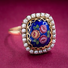 Floral Enamel Ring With Pearl Halo c1940