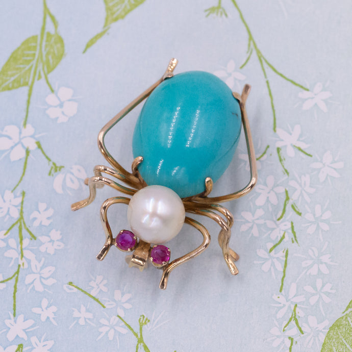 Antique Turquoise & Pearl Love-bug Brooch