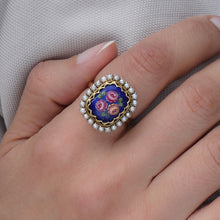 Floral Enamel Ring With Pearl Halo c1940