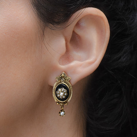 Victorian Revival Pearl & Onyx Earrings c1930