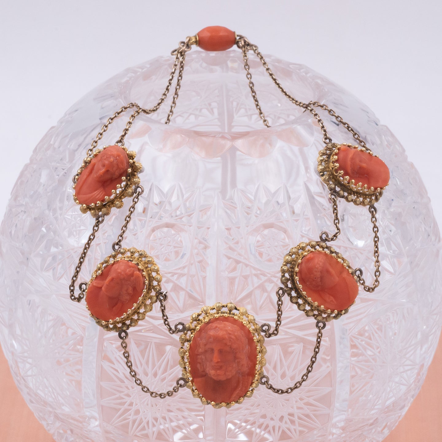 Victorian Coral Cameo Necklace with Greek Gods
