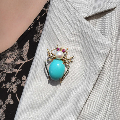 Antique Turquoise & Pearl Love-bug Brooch