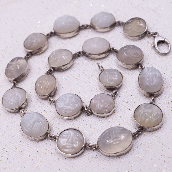 Carved Moonstone and Sterling Moon Face Necklace