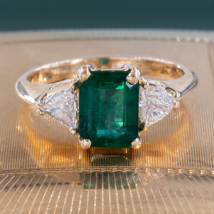 Emerald Ring with Trillion-Cut Diamonds c1980